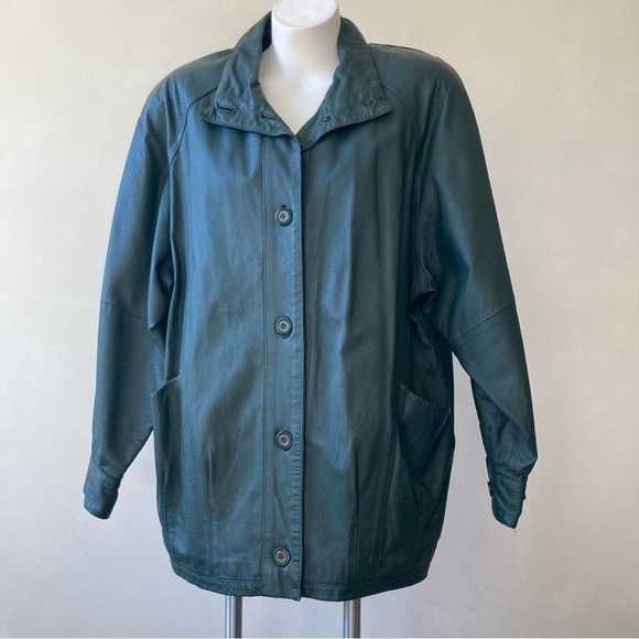 Jacqueline Ferrar | Forest Green Jade Vintage 80s Oversized Leather Jacket - Picture 1 of 7